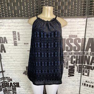 Max Studio XL Midnight Blue Flocked Geometric Print Lined High Neck Halter Top